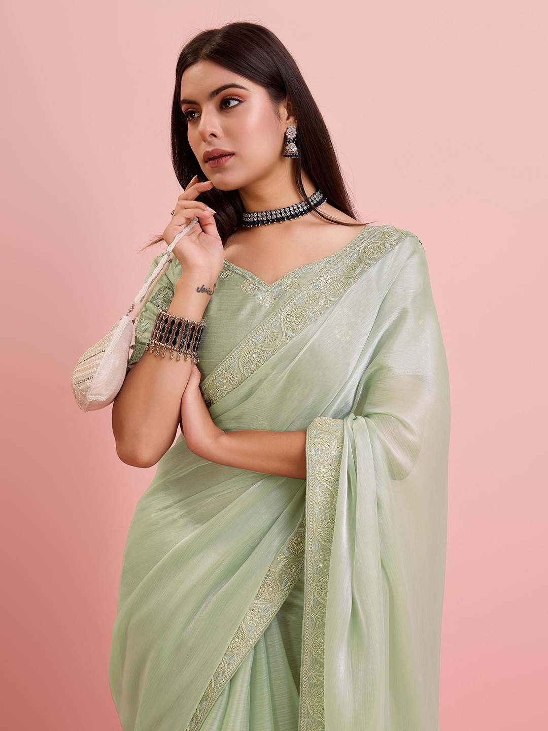 

HERE&NOW Sequinned Embroidered Saree, Olive