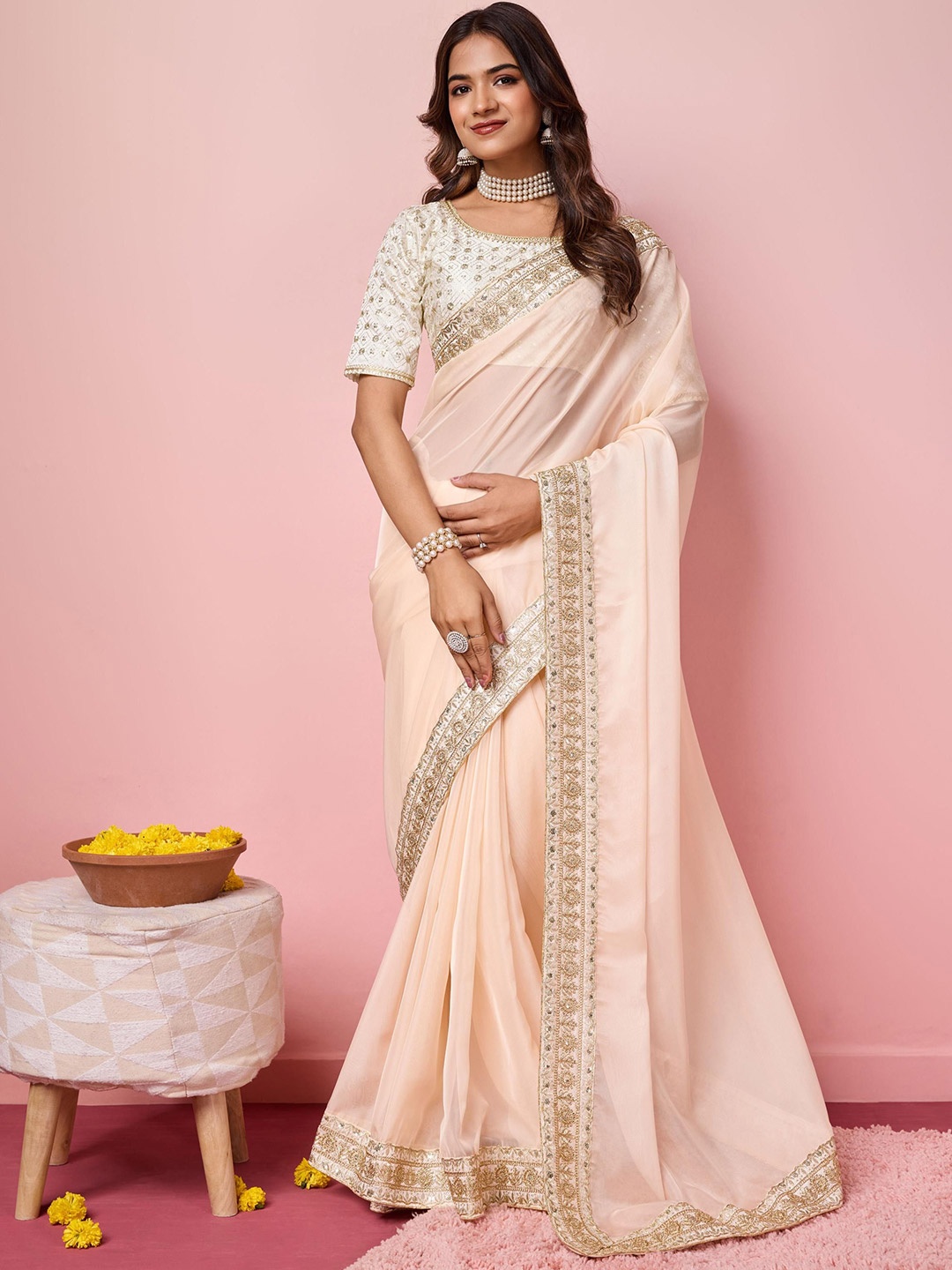 

HERE&NOW Sequinned Organza Saree with Blouse Piece, Cream