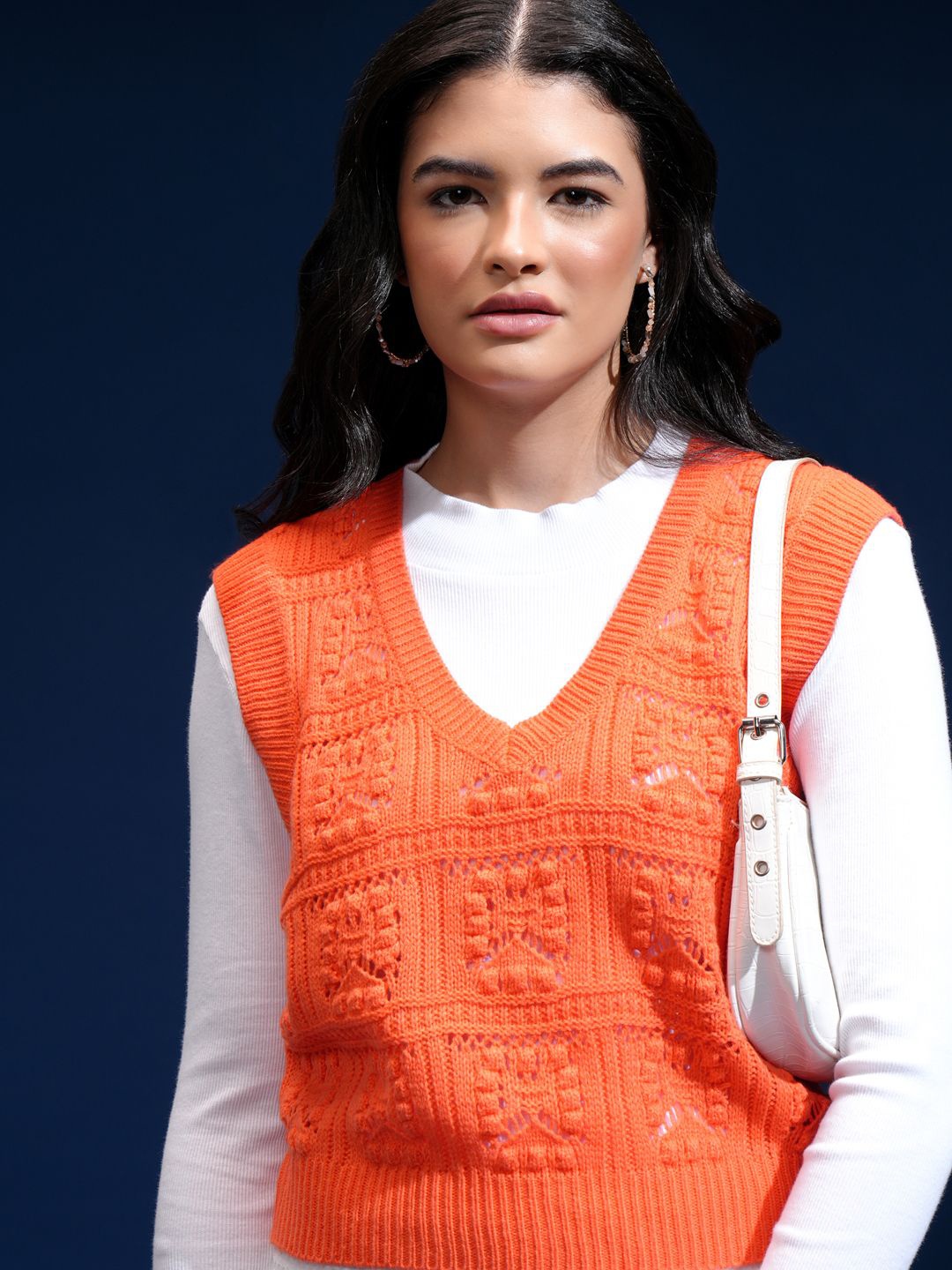 

Tokyo Talkies Women Self Design Cable Knit Cardigan, Orange