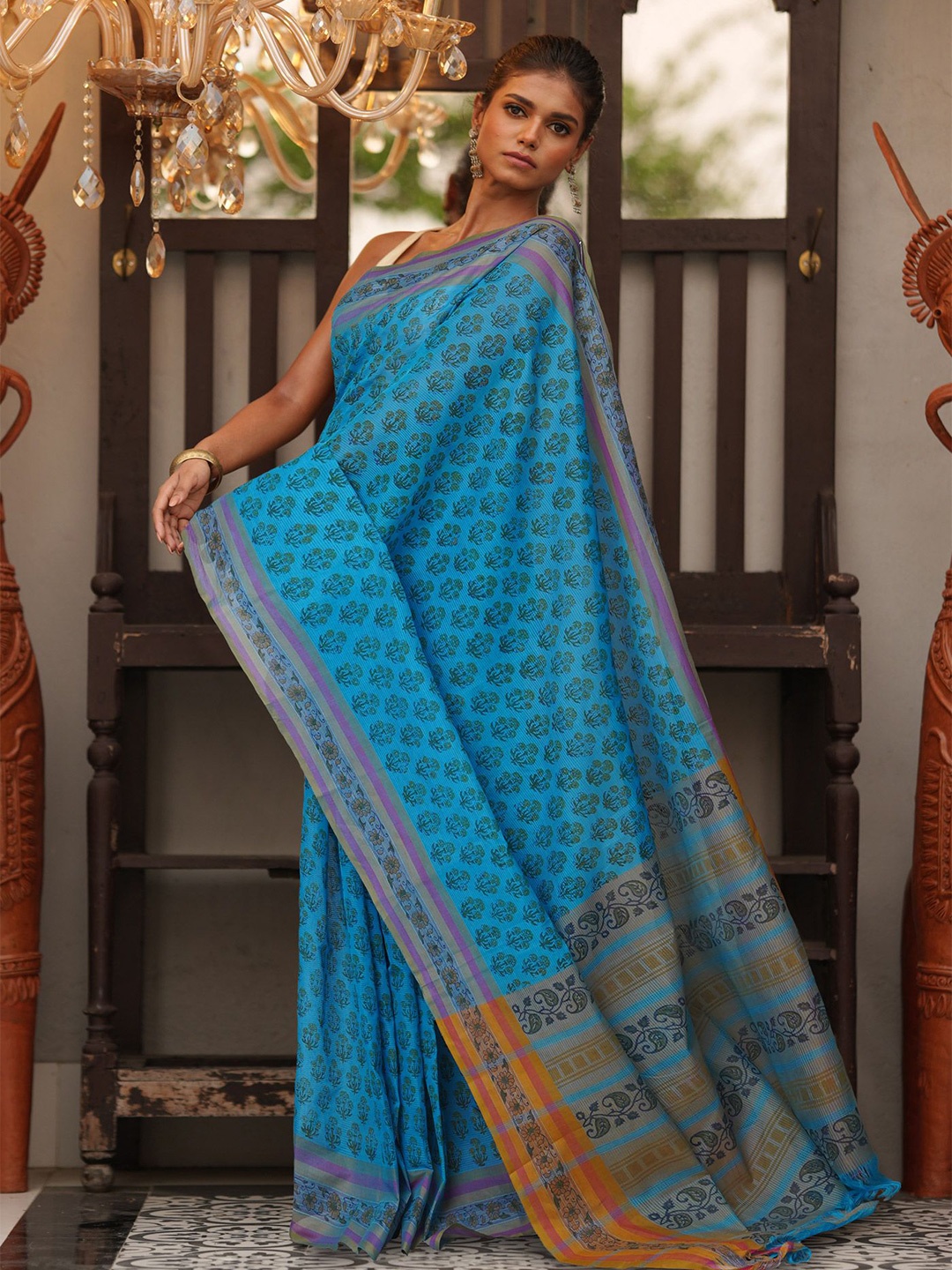 

Unnati Silks Floral Pure Cotton Mangalagiri Saree, Blue
