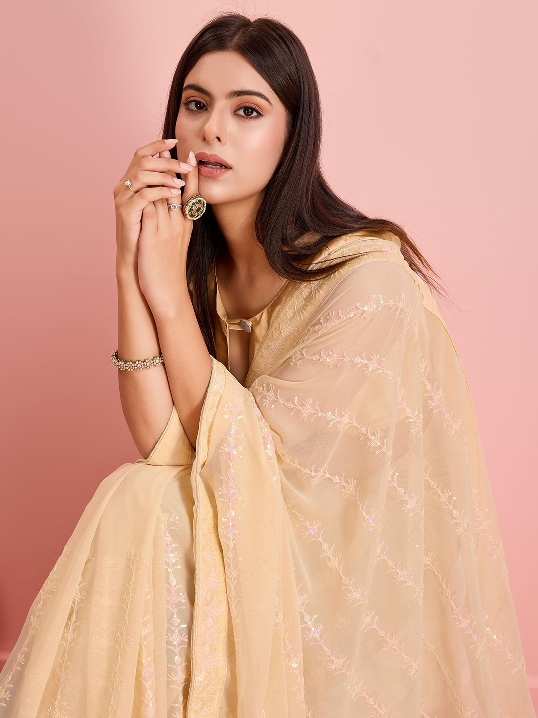 

HERE&NOW Women Striped Sequinned Saree, Cream