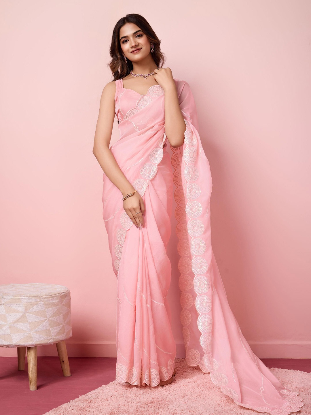 

HERE&NOW Leheriya Sequinned Organza Saree, Pink