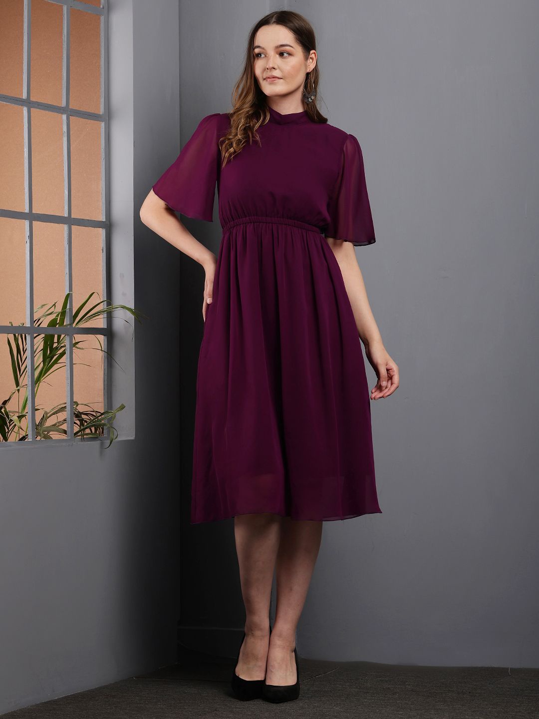 

Tushita Women Flared Sleeve Fit & Flare Midi Dress, Purple