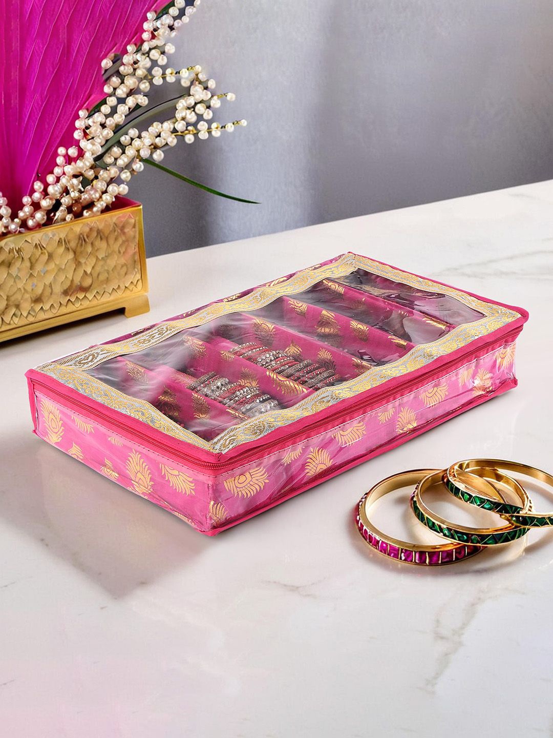 

Kuber Industries Pink & Gold Toned Ethnic Motifs Printed 6-Rod Bangle Organiser