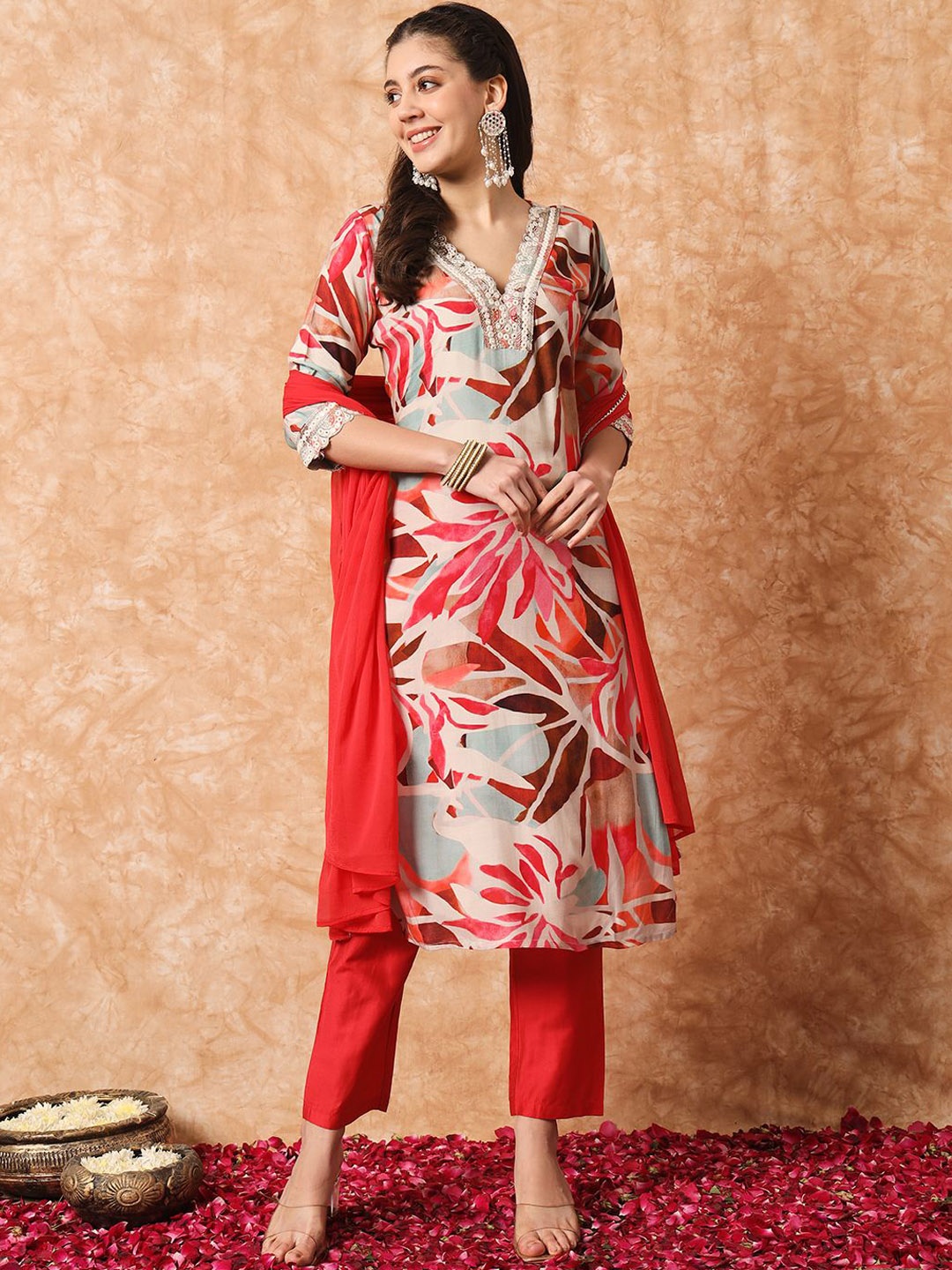

KALINI Women Printed Regular Mirror Work Kurta with Trousers & With Dupatta, Red
