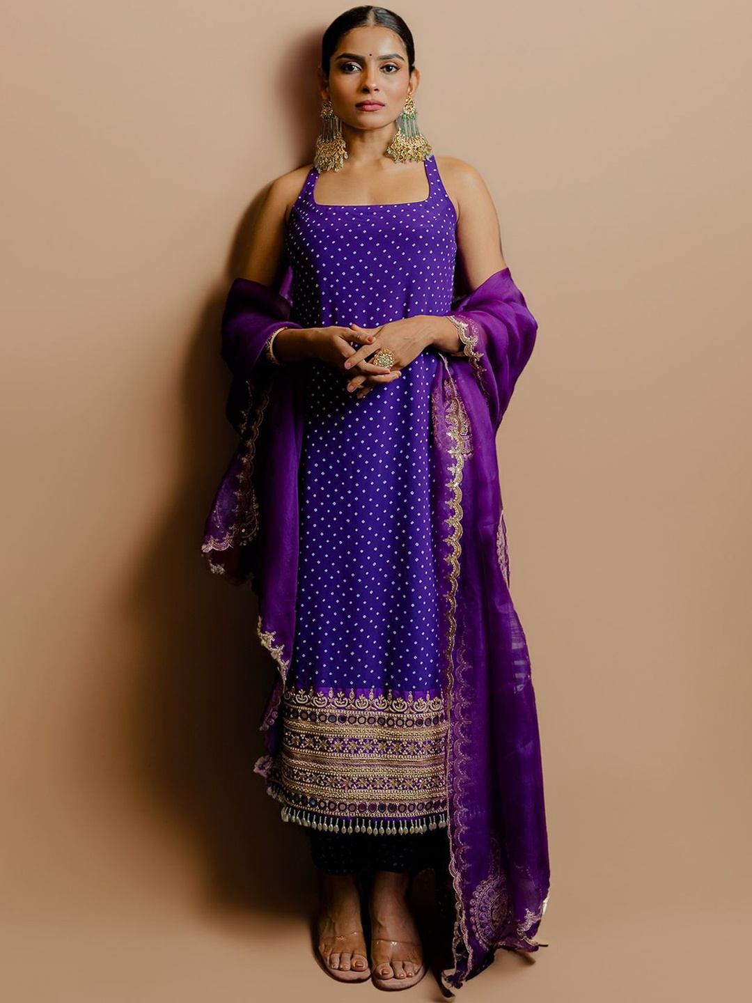 

Fusionic Women Bandhani Embroidered Regular Kurta with Trousers & With Dupatta, Purple