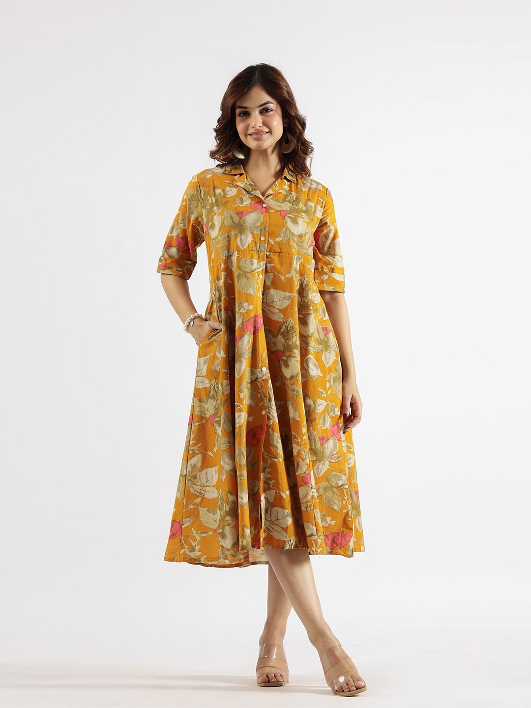 

FLAVIA CREATION Women Cotton Floral Printed Layered A-Line Midi Dress, Yellow