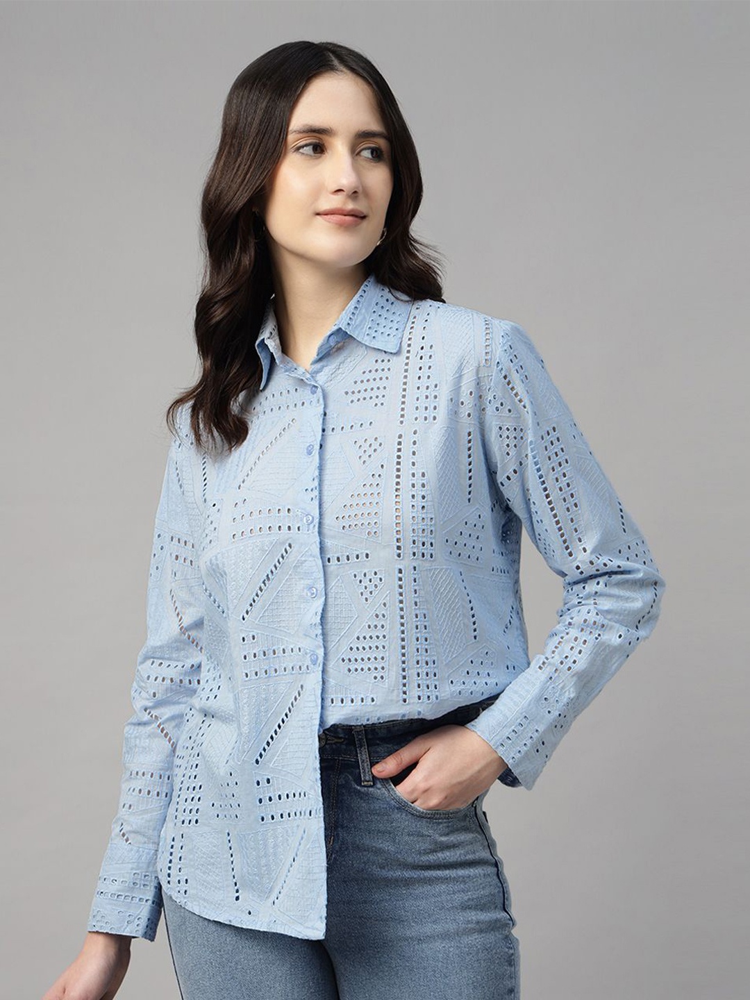 

Hancock Women Solid Boyfriend Fit Schiffli Opaque Pure Cotton Casual Shirt, Blue