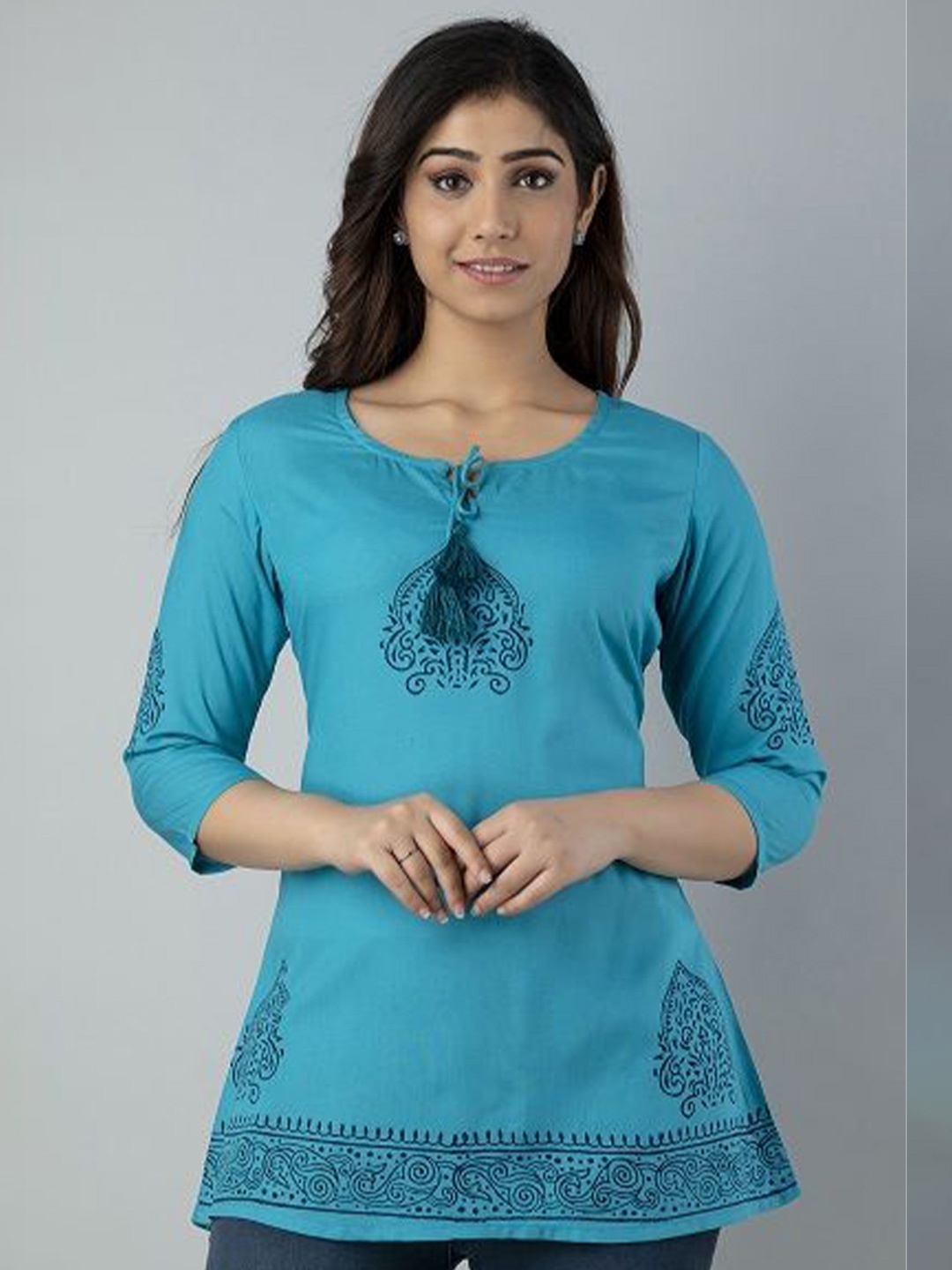 

AAFAMI Women Floral Printed Pure Cotton A-Line Kurtis, Teal