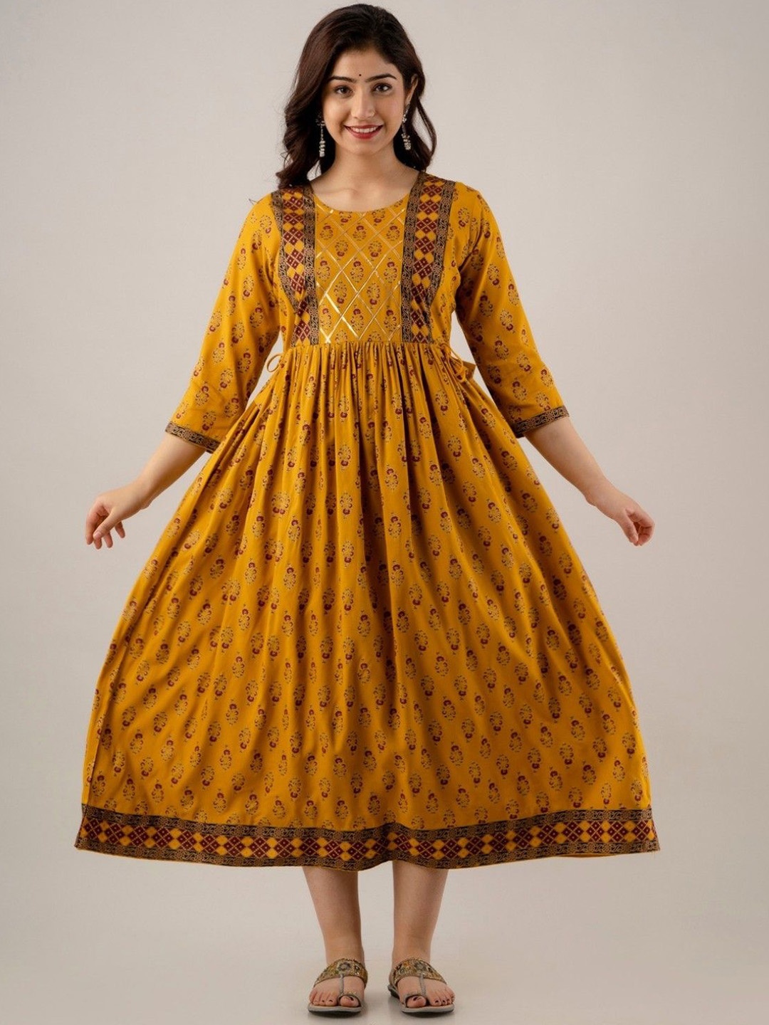 

JALTHER Floral Printed Round Neck Three-Quarter Sleeves Ethnic Dress, Yellow