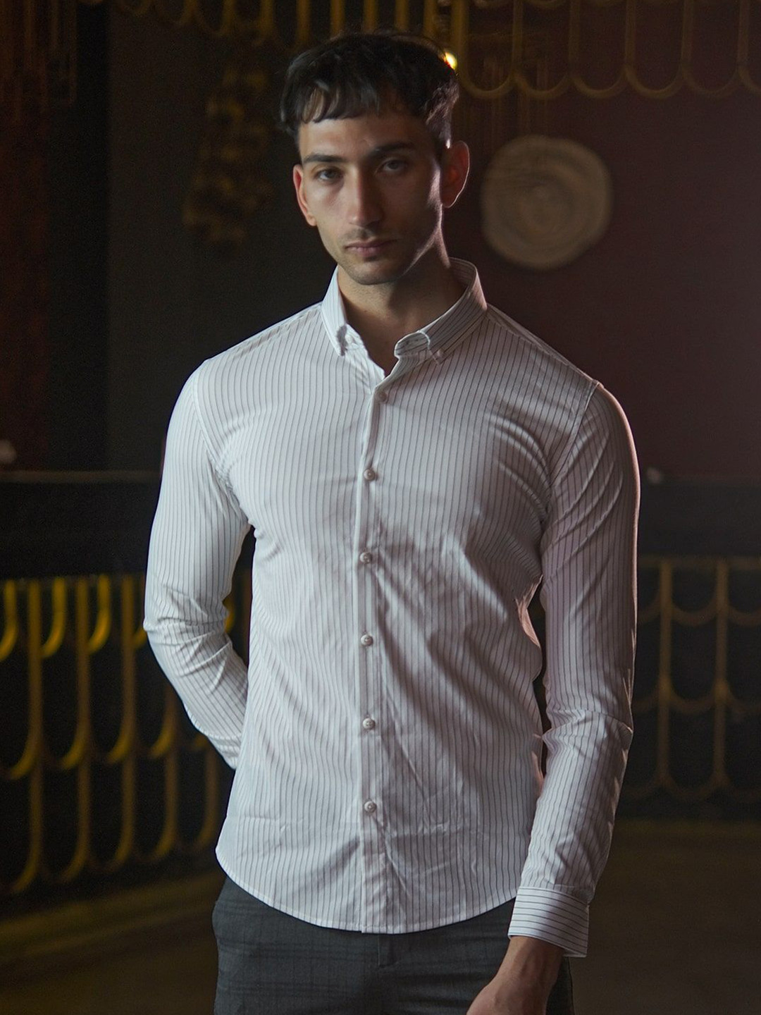 

ODETTE Men Opaque Striped Casual Shirt, White