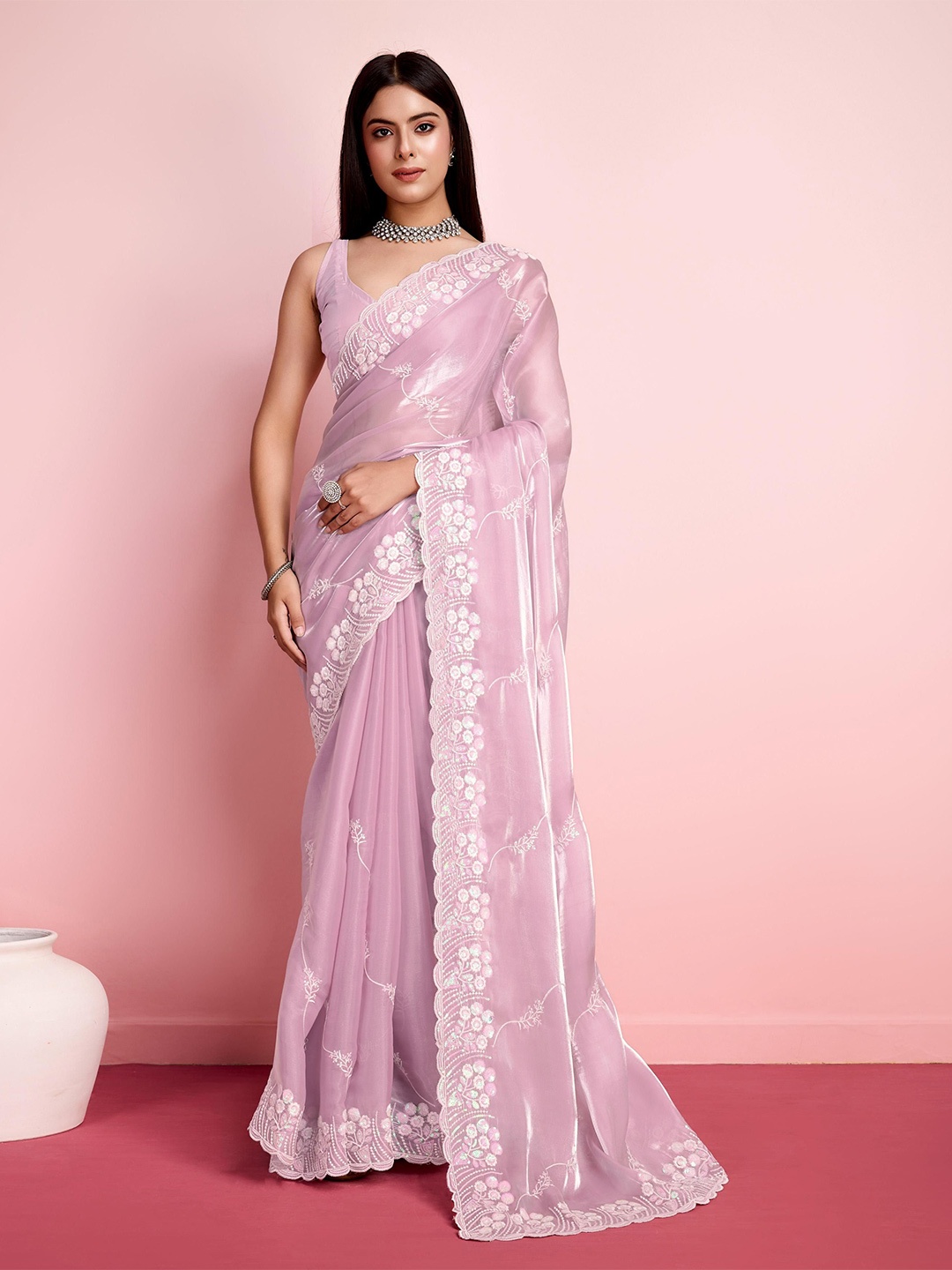 

HERE&NOW Floral Sequinned Saree, Lavender