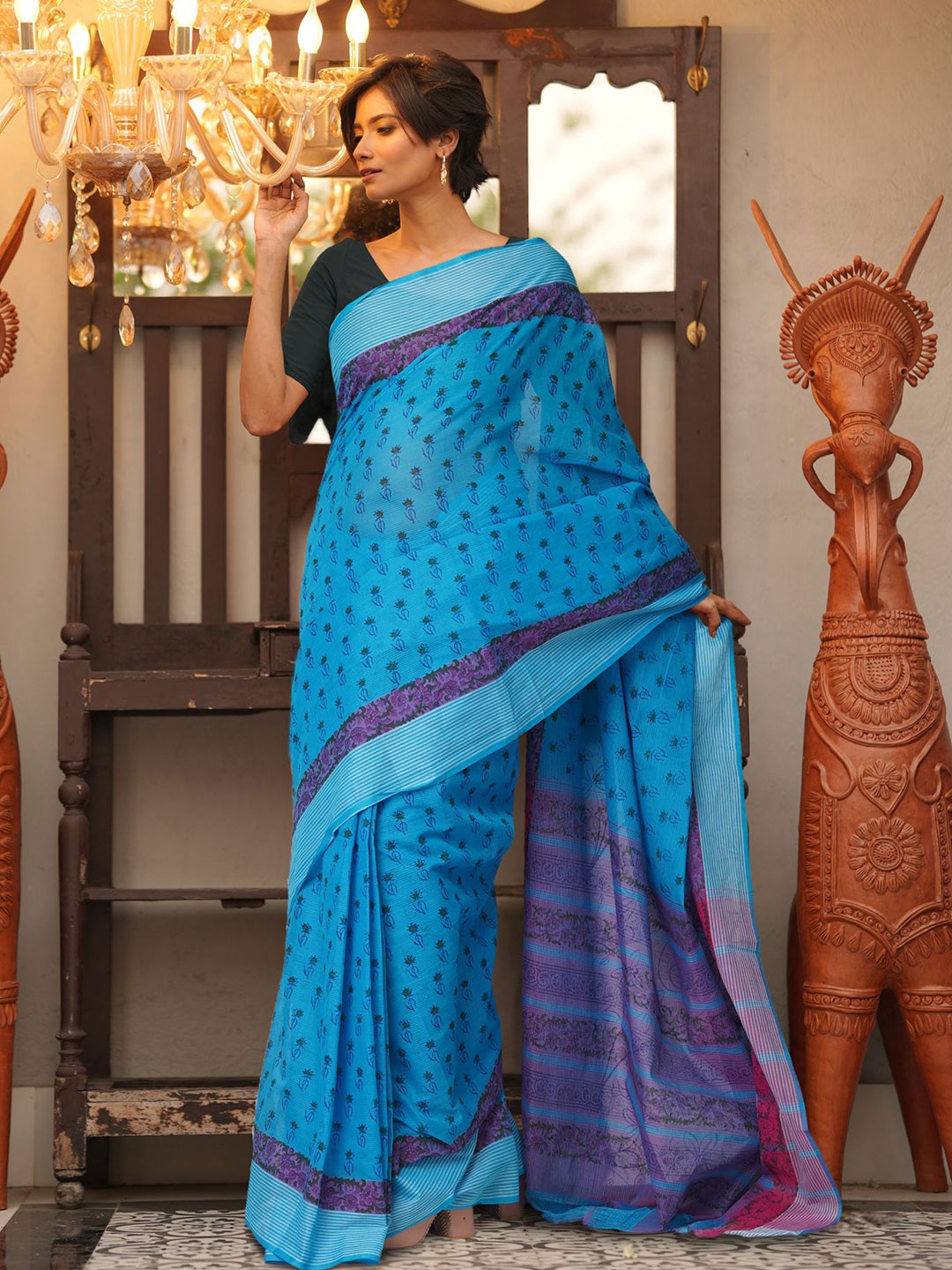 

Unnati Silks Floral Pure Cotton Handloom Mangalagiri Saree, Blue