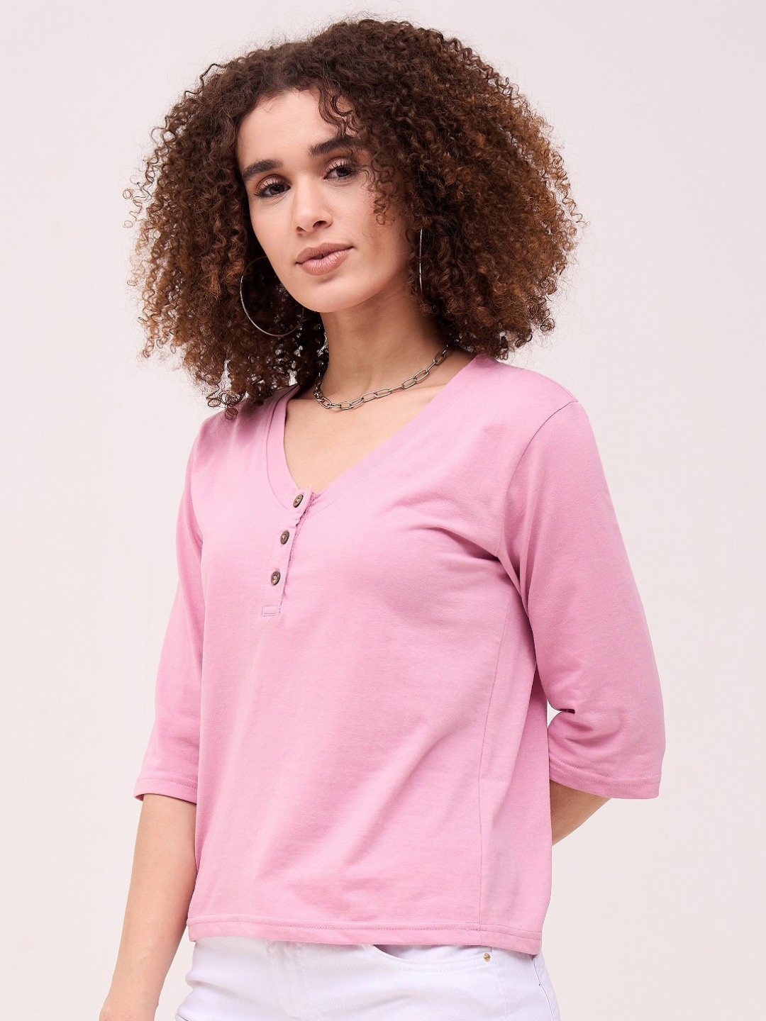 

DressBerry Women V-Neck Pockets T-shirt, Pink