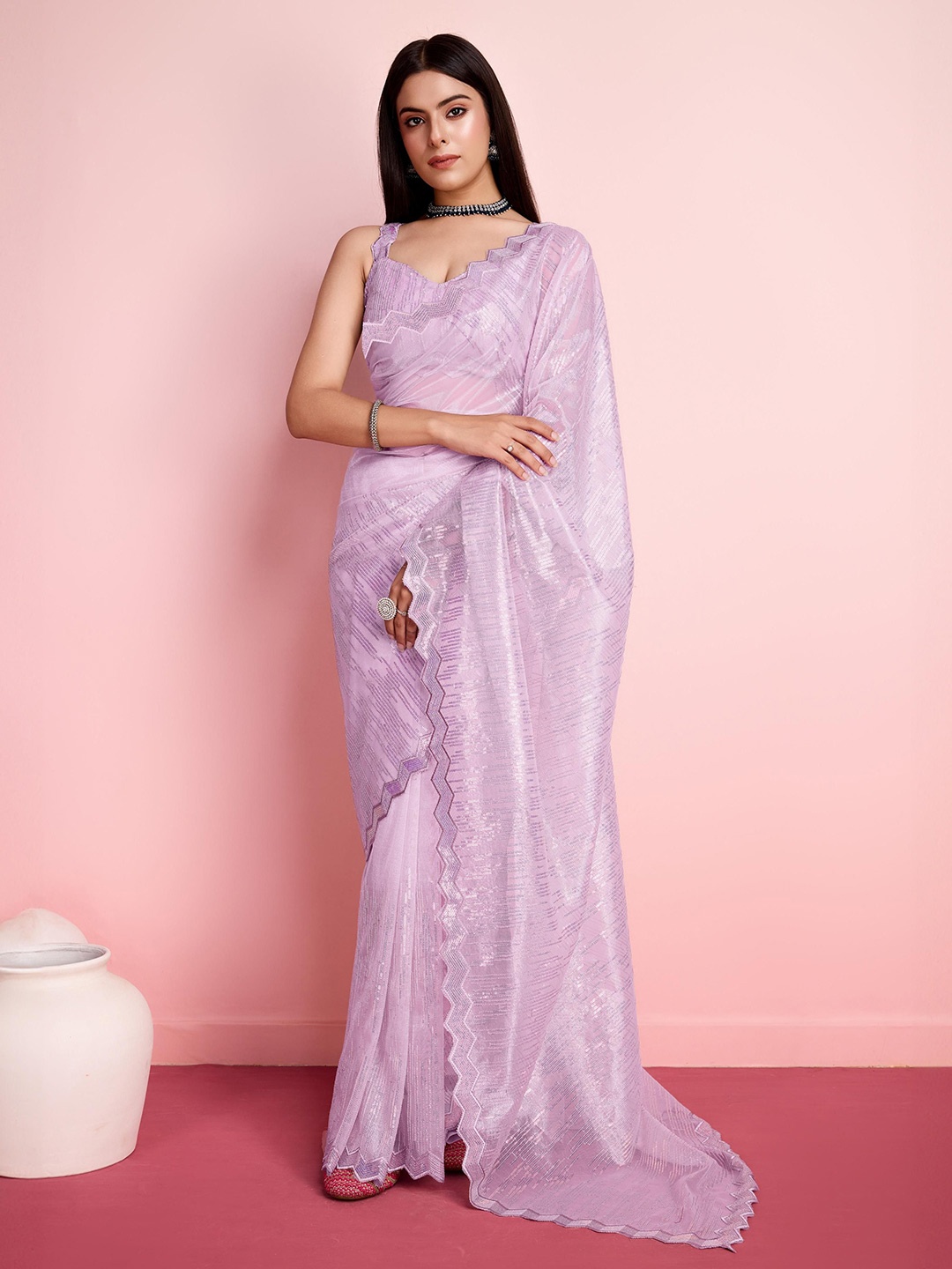 

HERE&NOW Sequinned Saree with Blouse Piece, Lavender