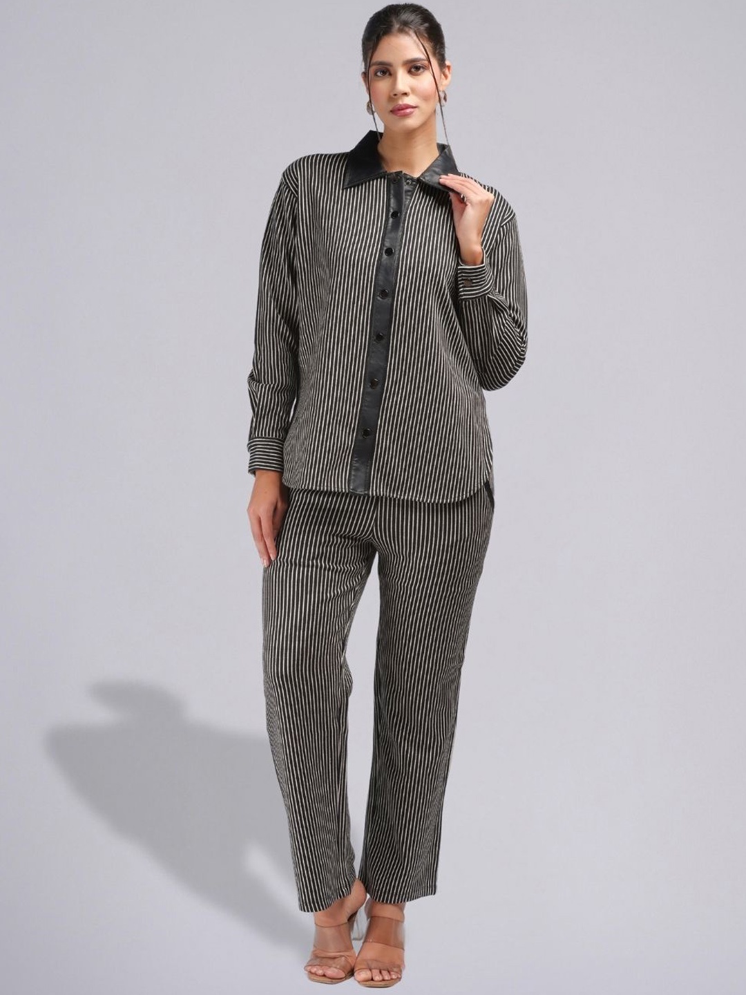 

PUREMIST Striped Shirt Collar Long Sleeves Shirt With Trouser, Black