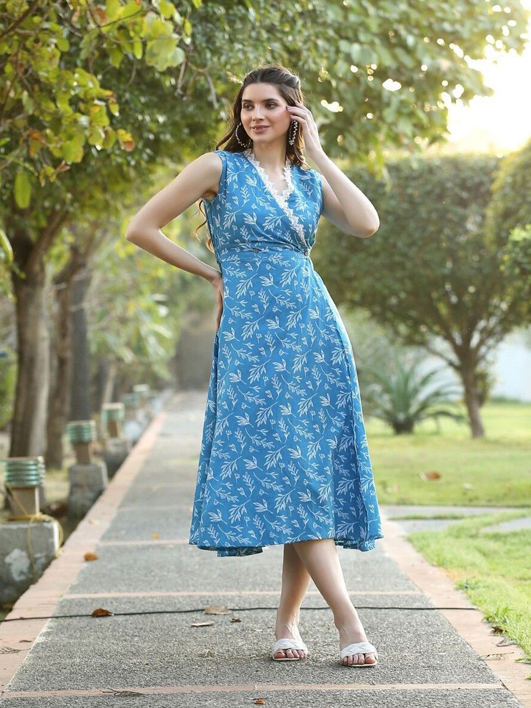 

KALINI Women Floral Printed Cotton Wrap Midi Dress, Blue