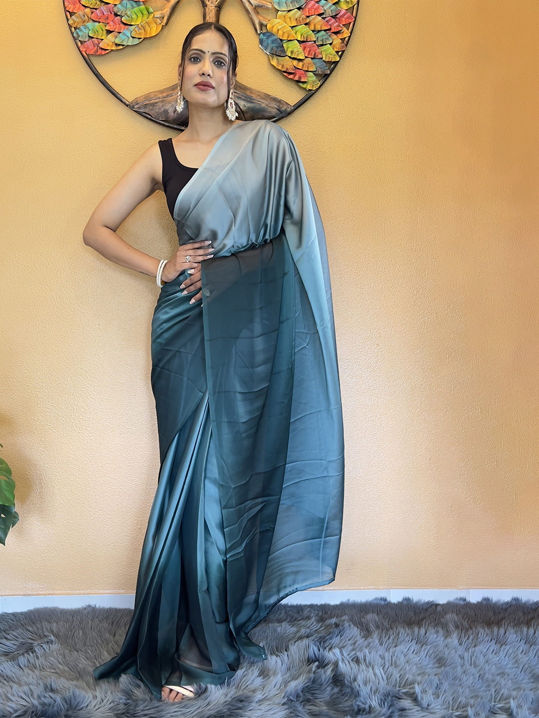 

KAYOMMI Ombre Pure Chiffon Ready to Wear Saree, Blue