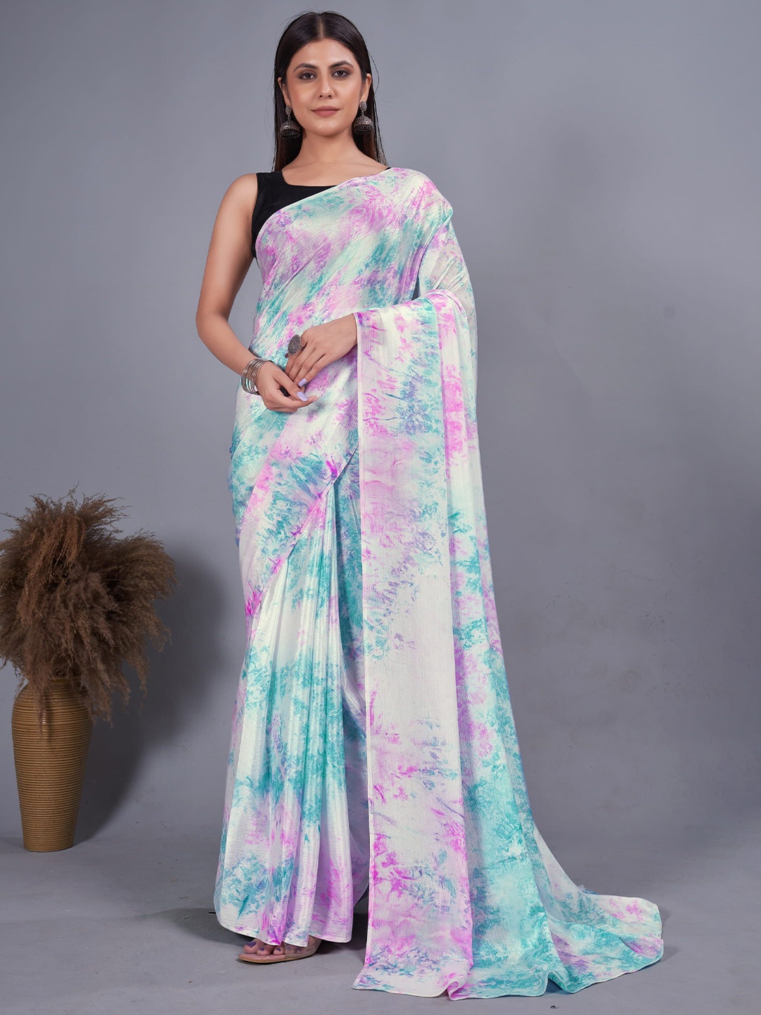 

KAYOMMI Tie and Dye Pure Chiffon Ready to Wear Saree, Pink