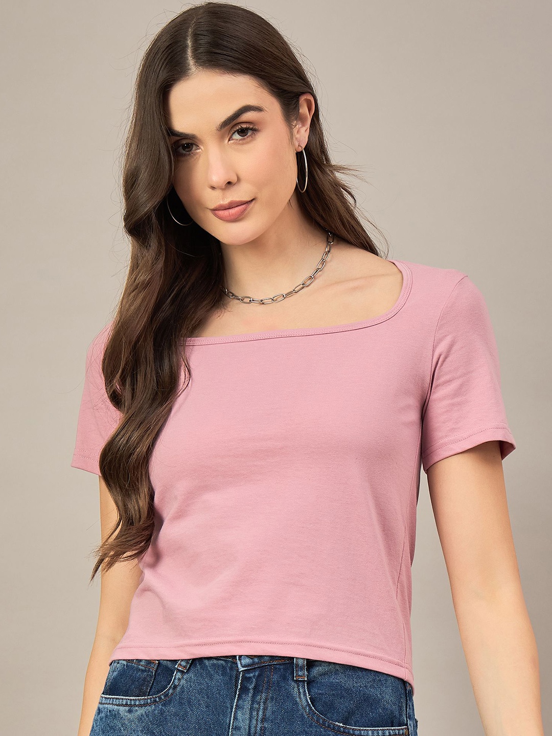 

The Roadster Lifestyle Co Pure Cotton Square Neck Short Sleeve T-Shirt, Pink