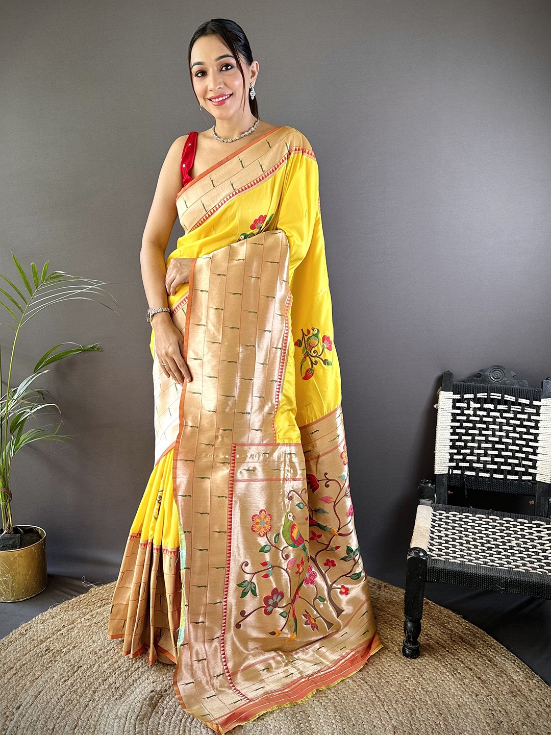 

RAJ DHARMA SILK Woven Design Zari Silk Blend Paithani Saree, Yellow