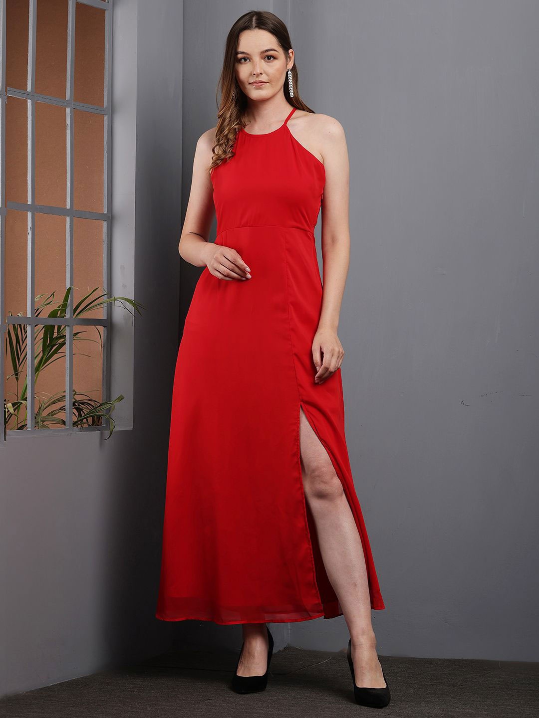 

Tushita Round Neck Georgette Maxi Dress, Red