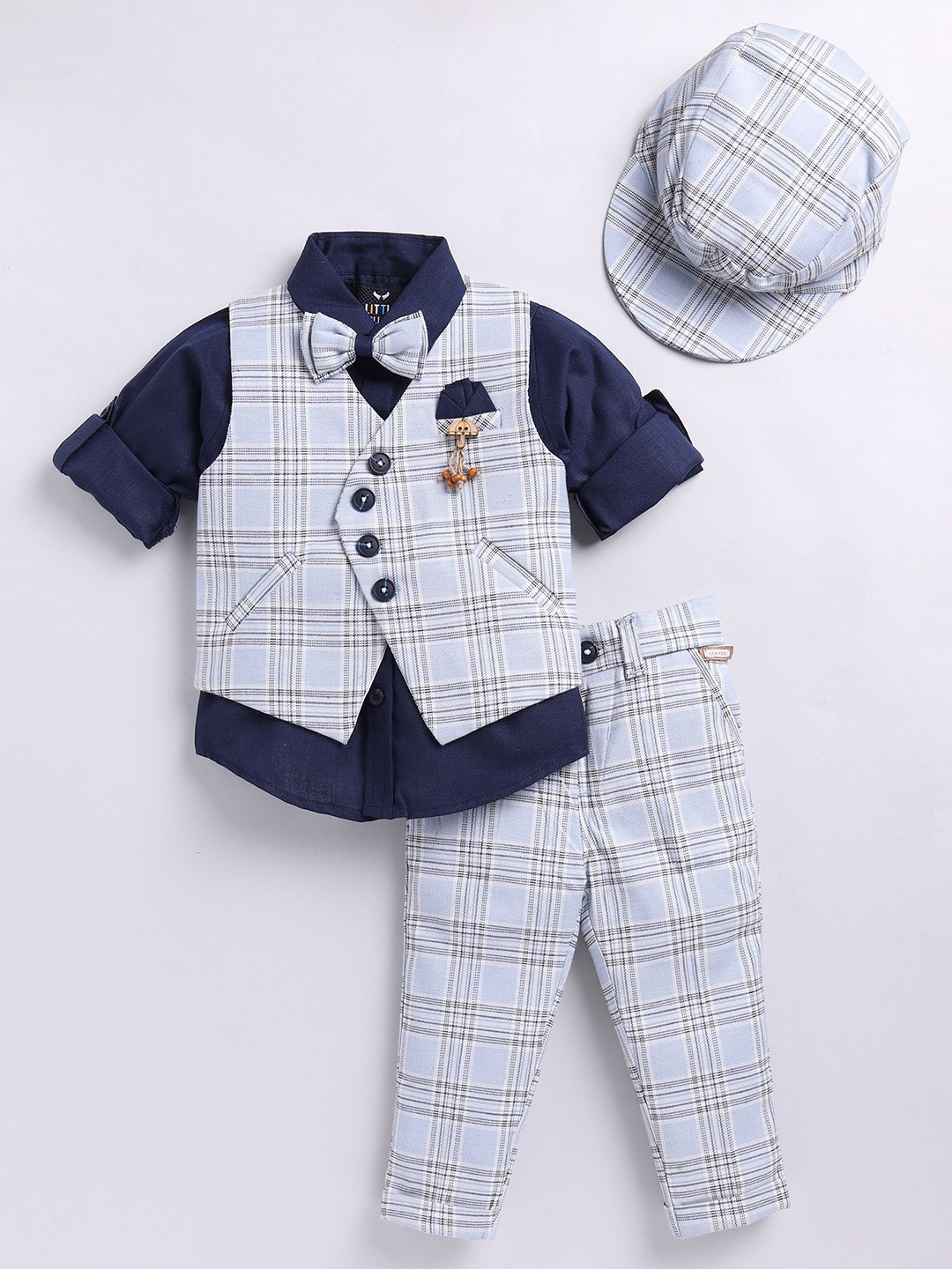 

Little Collars Boys 5 Pcs Checked Waistcoat Suit, Navy blue