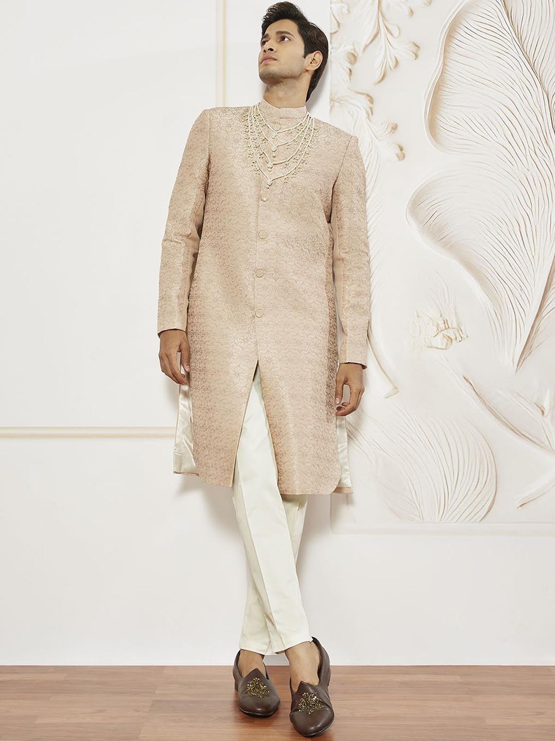 

VASTRAMAY Embroidered Sherwani Set, Peach