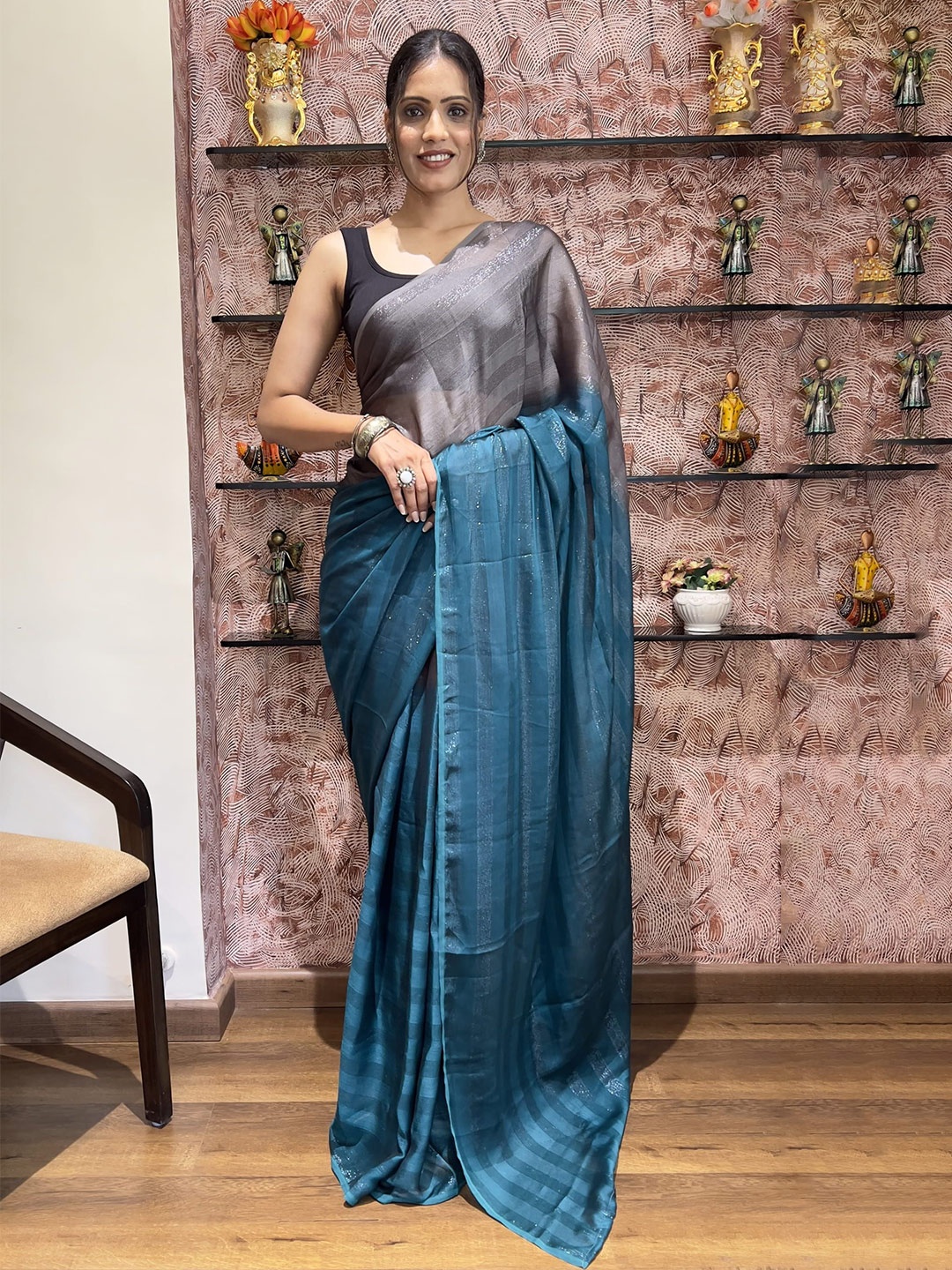 

KAYOMMI Striped Pure Chiffon Ready to Wear Saree, Blue