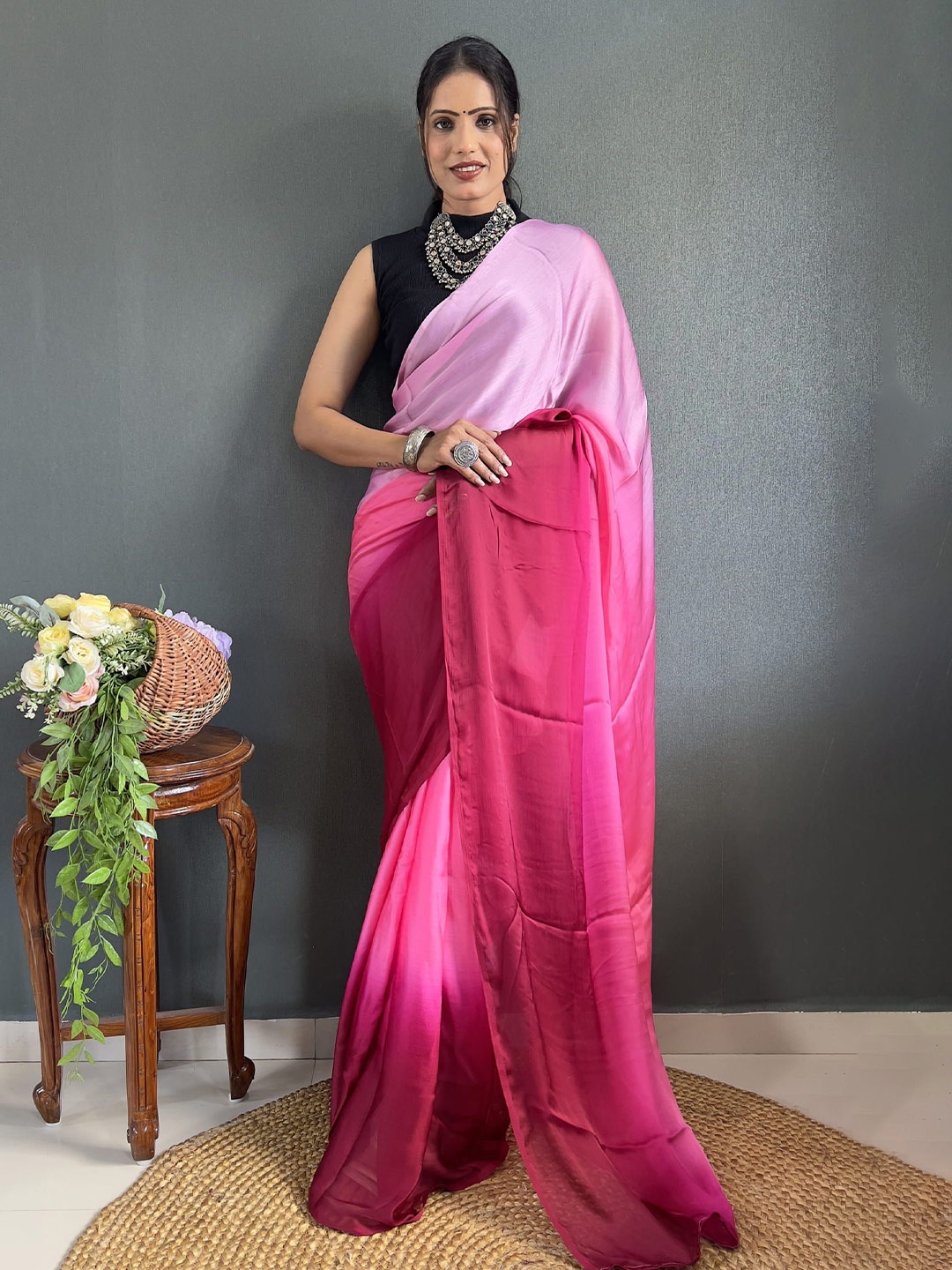 

KAYOMMI Ombre Pure Crepe Ready to Wear Saree, Pink