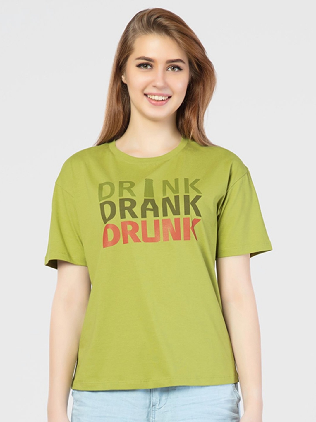 

Juliet Women Typography Printed Round Neck Cotton Oversized T-shirt, Green
