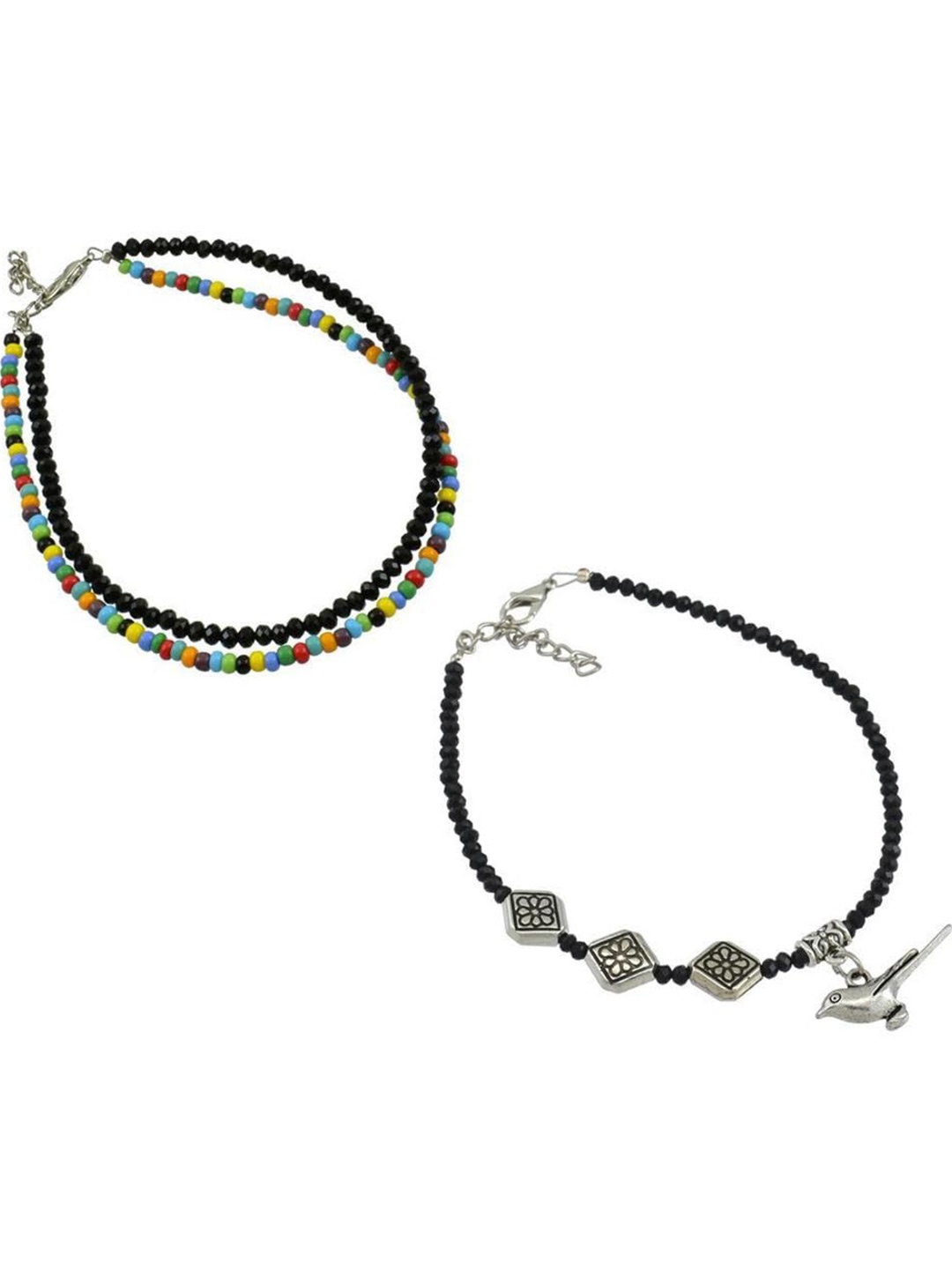 

HIGH TRENDZ Set Of 2 Single Leg Beaded Anklet, Black