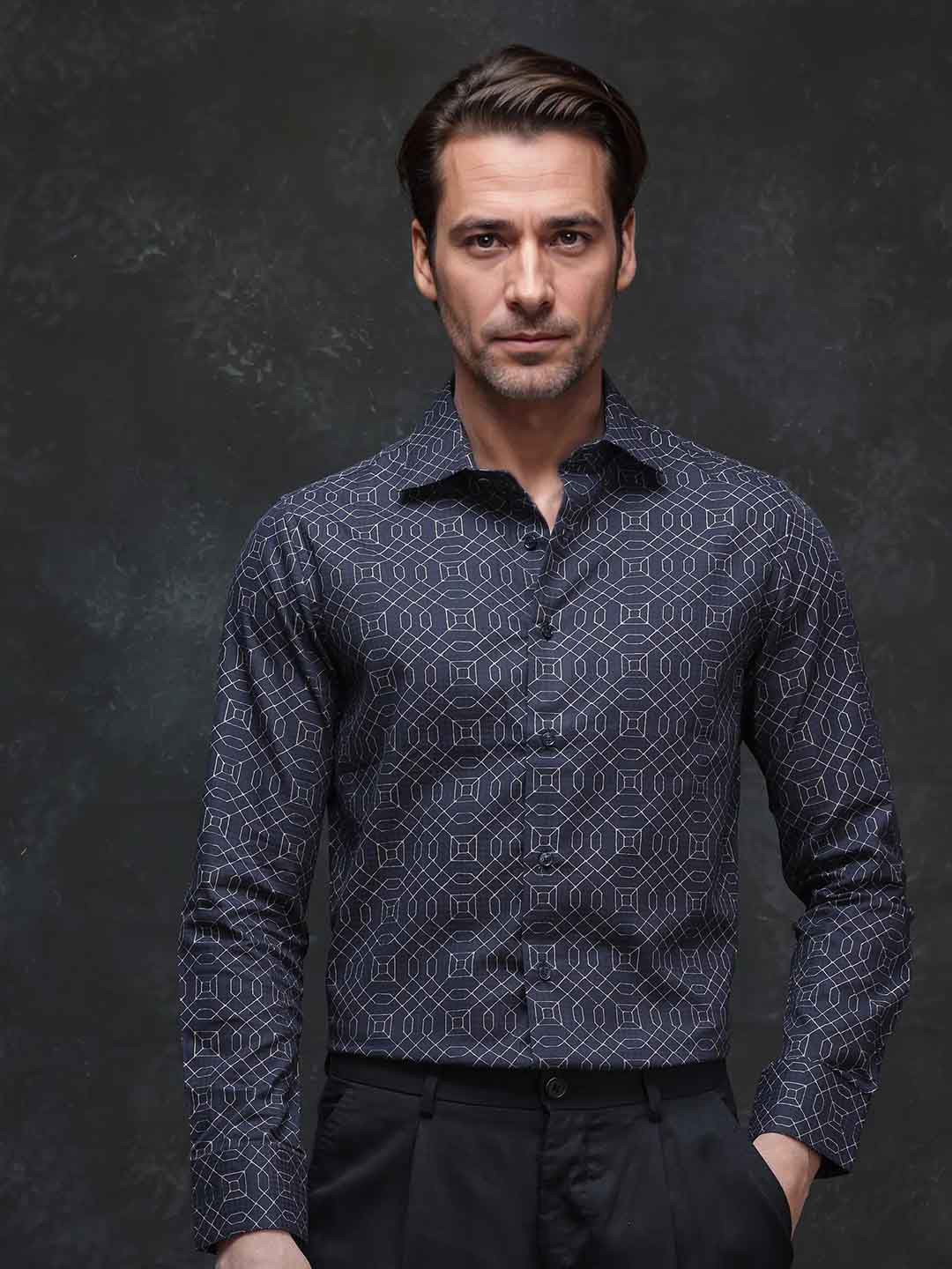 

RARE RABBIT Men Comfort Spread Collar Geometric Printed Cotton Party Shirt, Black