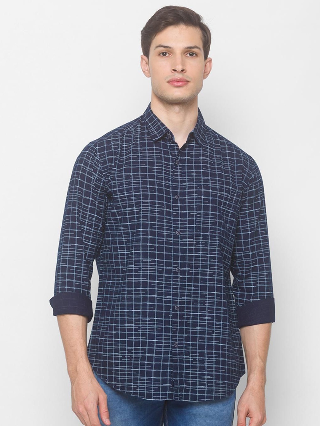 

SNX Men Tailored Fit Opaque Checked Casual Shirt, Navy blue