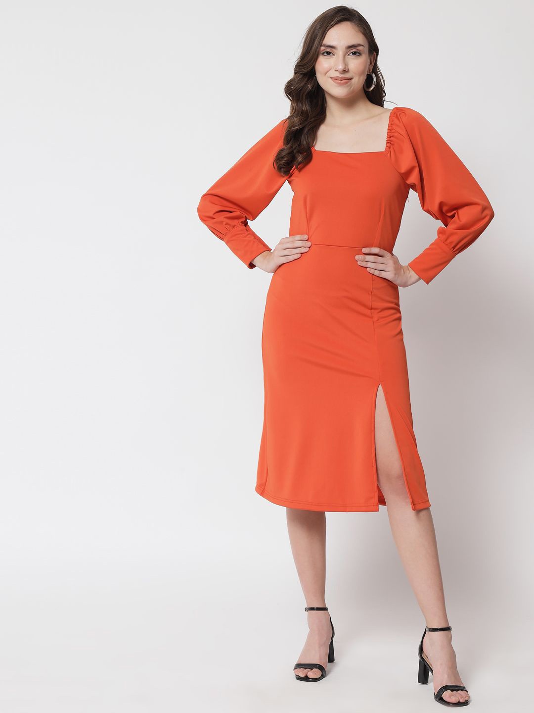 

BAESD Puff Sleeve Sheath Midi Dress, Orange