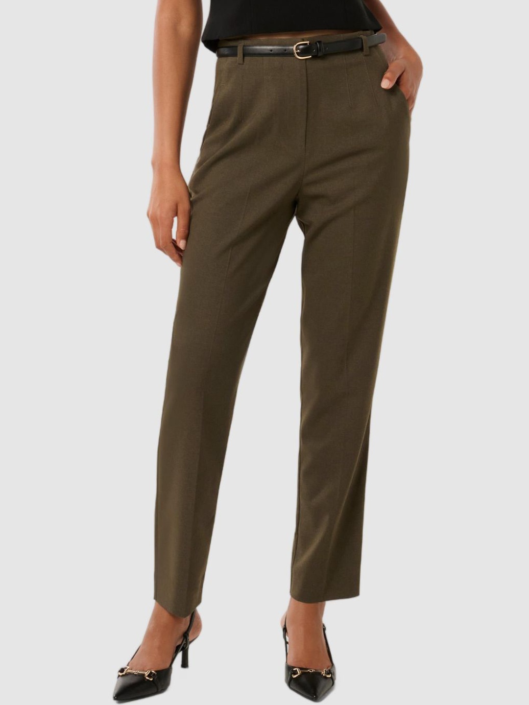 

Forever New Women Tapered Fit High-Rise Pleated Trousers, Olive