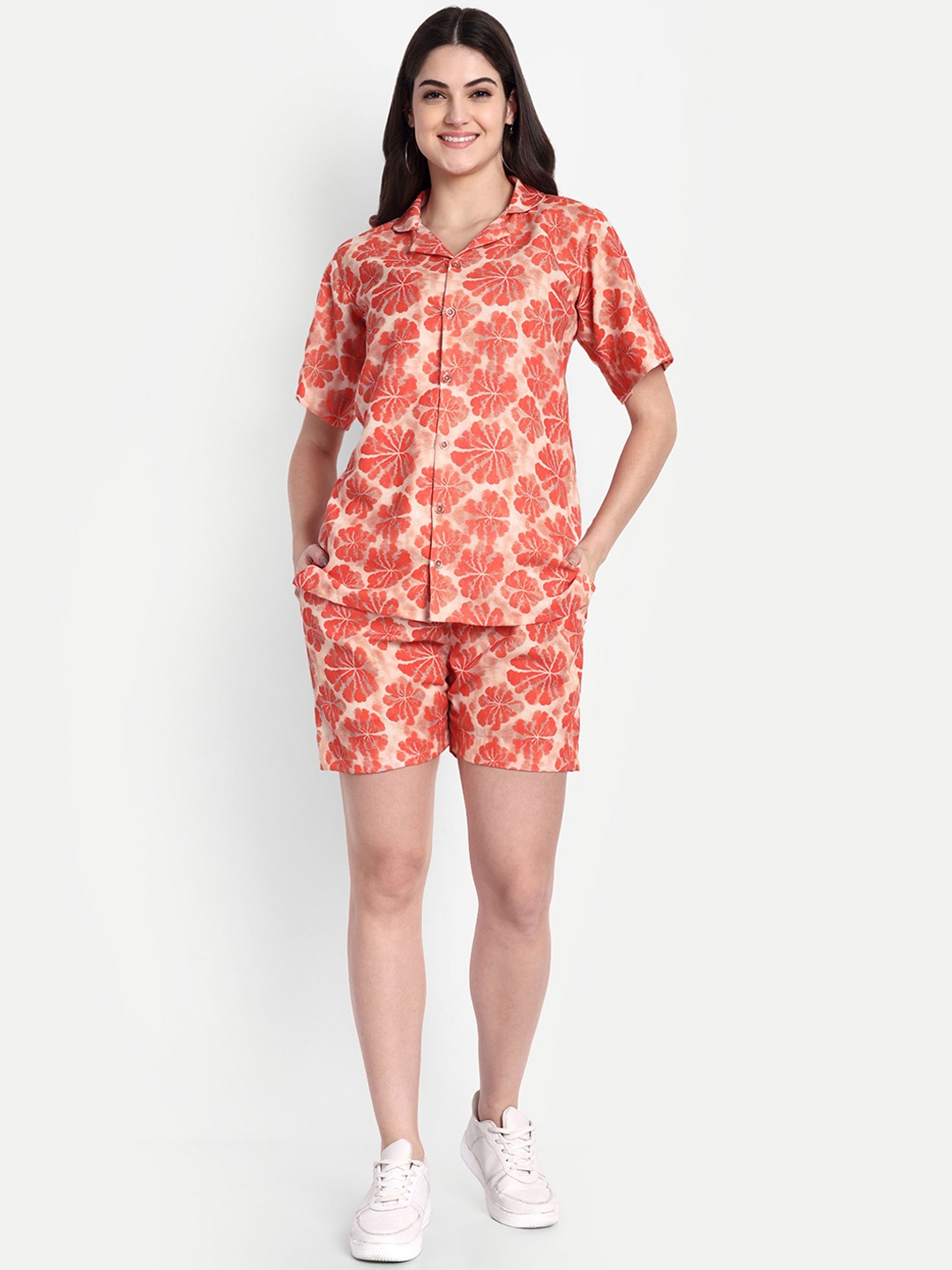 

TILISM Printed Pure Cotton Shirt With Shorts Co-Ords, Orange