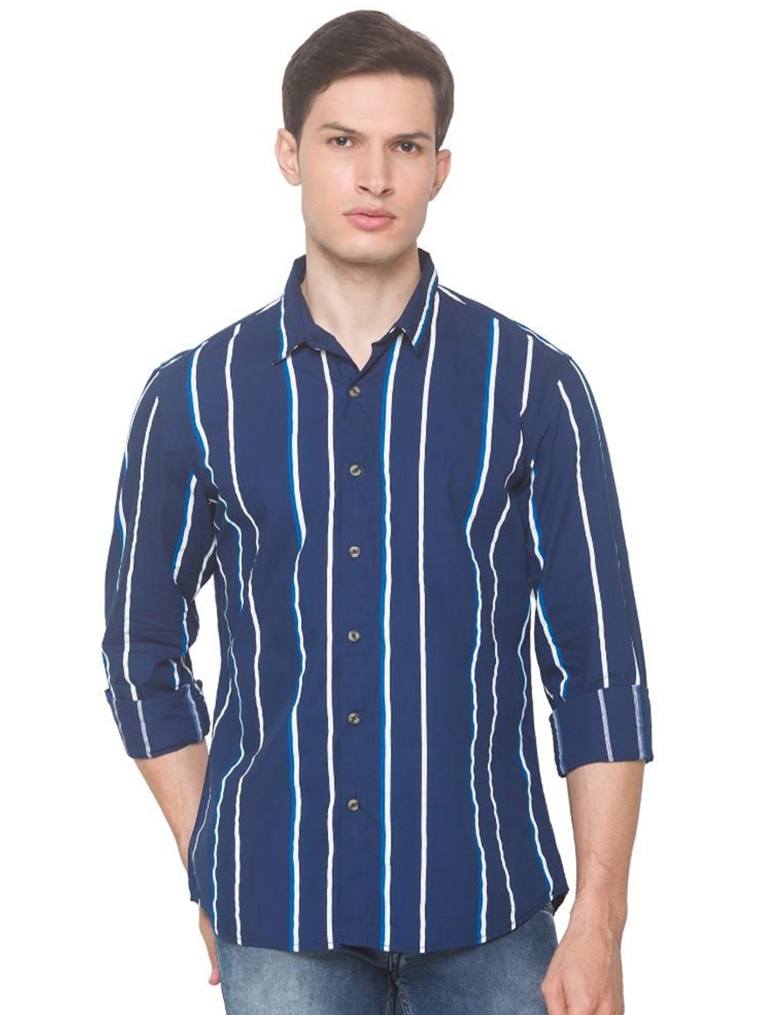 

SNX Men Tailored Fit Opaque Striped Casual Shirt, Navy blue