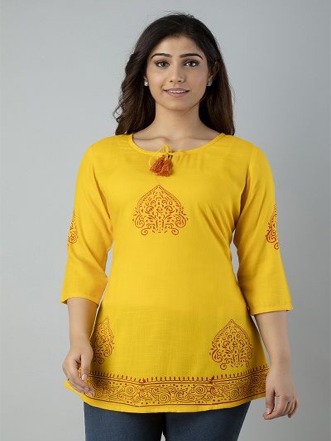 

AAFAMI Women Cotton Floral Printed Top, Yellow