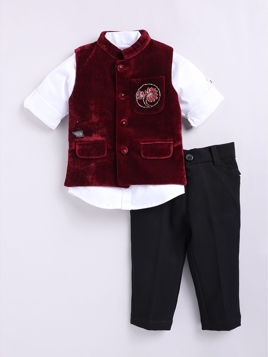 

LITTLE COLLARS Boys Roll-Up Sleeves Shirt with Trousers & Velvet Nehru Jacket, Maroon