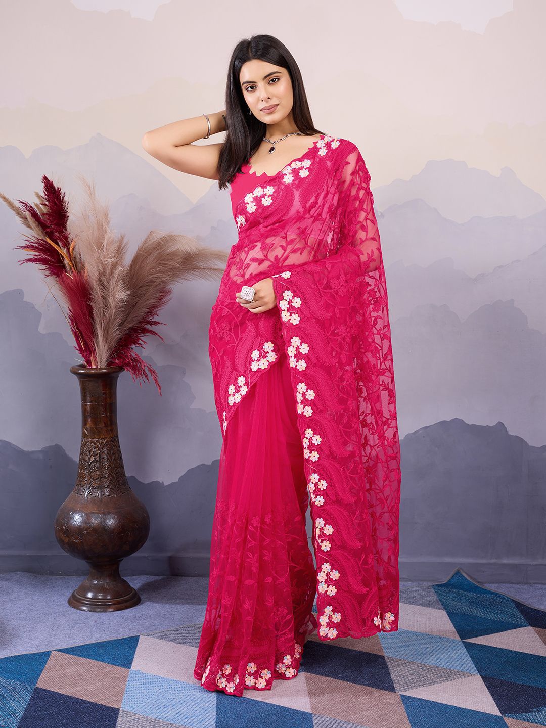 

HERE&NOW Women Floral Embroidered Net Saree With Blouse Piece, Pink