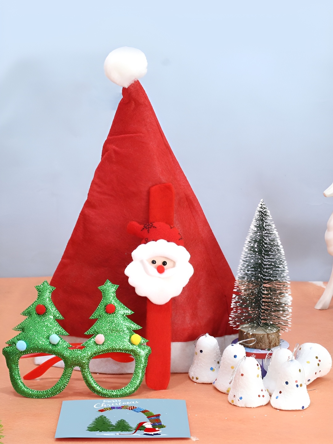 

TIED RIBBONS Set of 9 Christmas Chocolate with 6 Pc Little Bells, Mini Tree, Cap Wrist, Red