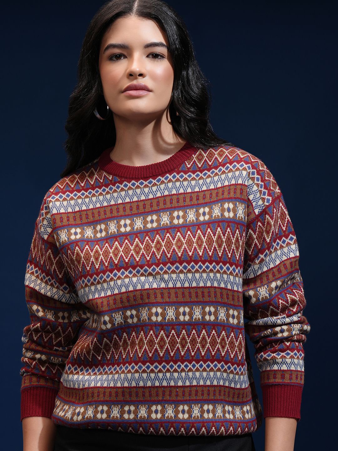 

ESPYR By Tokyo Talkies Women Geometric Self Design Pullover, Red