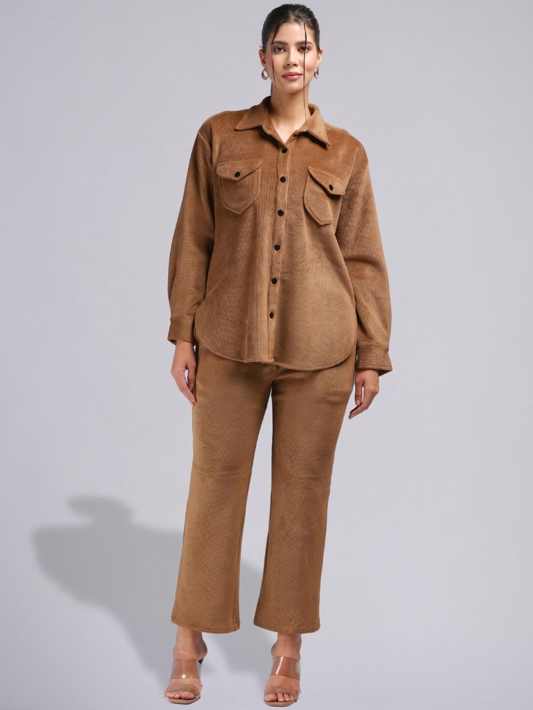 

PUREMIST Self Design Shirt Collar Long Sleeves Shirt With Trouser, Brown