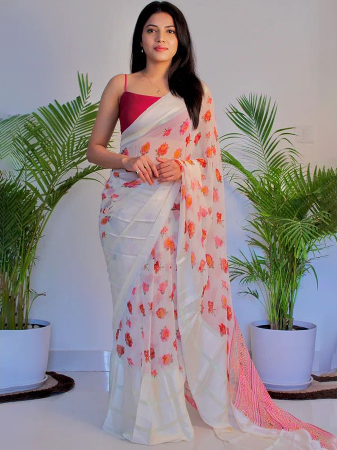 

Sanwariya Silk Floral Pure Georgette Bagh Saree, Cream