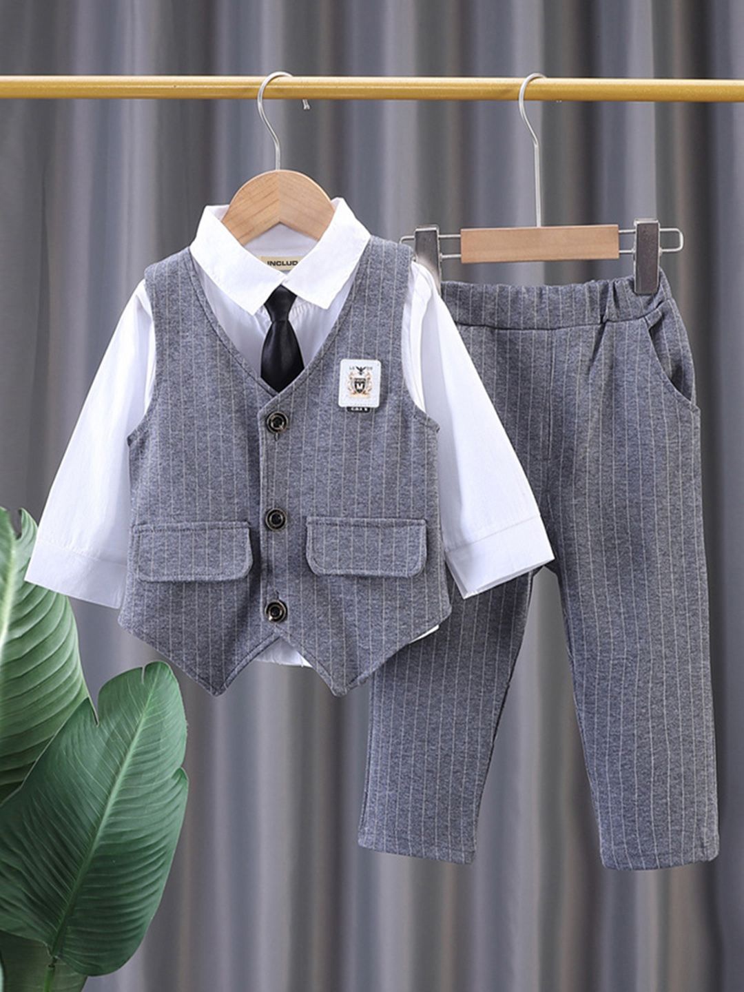 

INCLUD Boys Striped Single-Breasted Three-Piece Suit, Grey