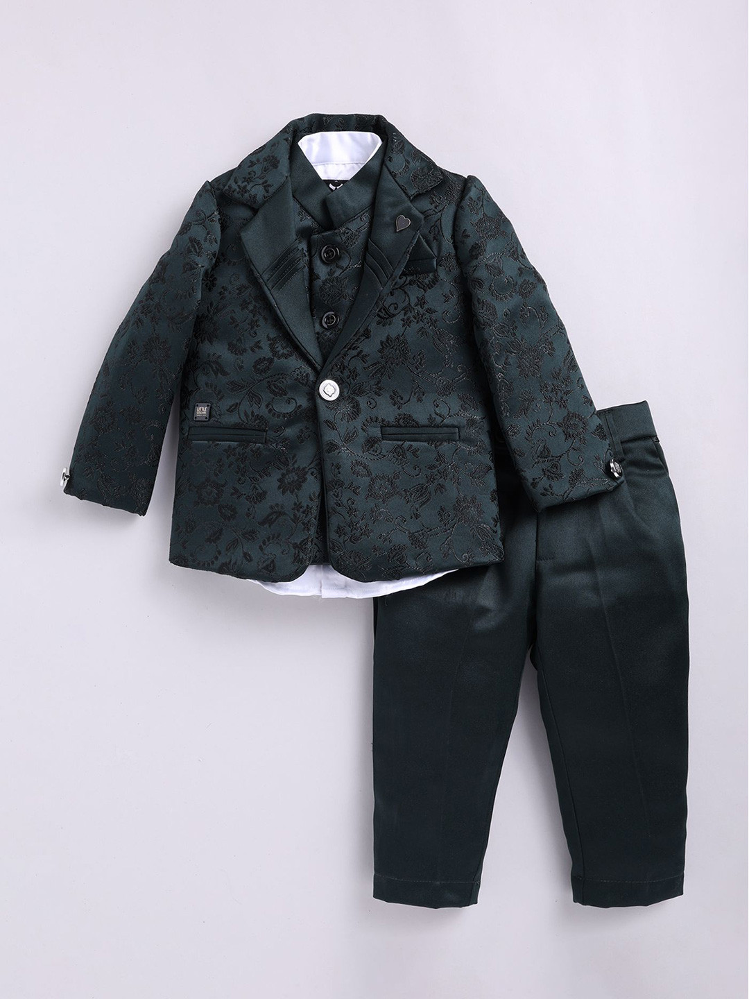 

LITTLE COLLARS Boys Self Design Single Breasted Blazer and Waistcoat with Trousers, Green