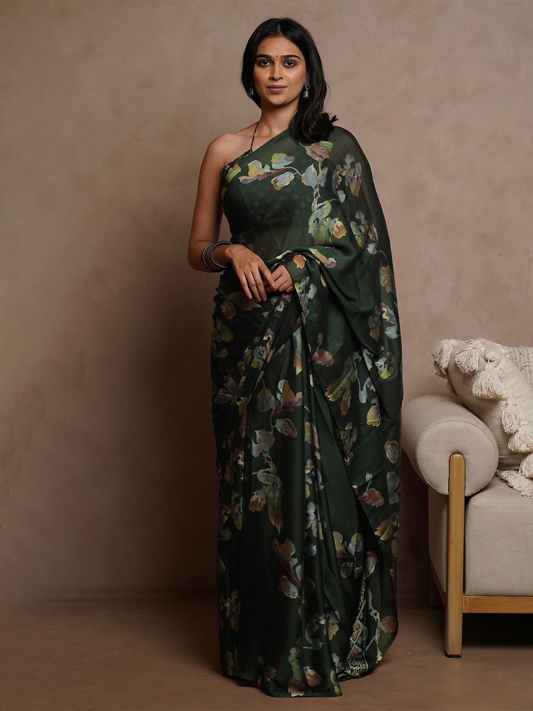 

KALINI Floral Poly Chiffon Saree, Green