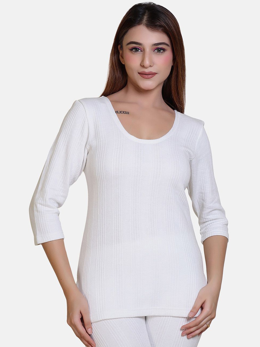 

Divine Girl Round Neck Woolen Thermal Top, White