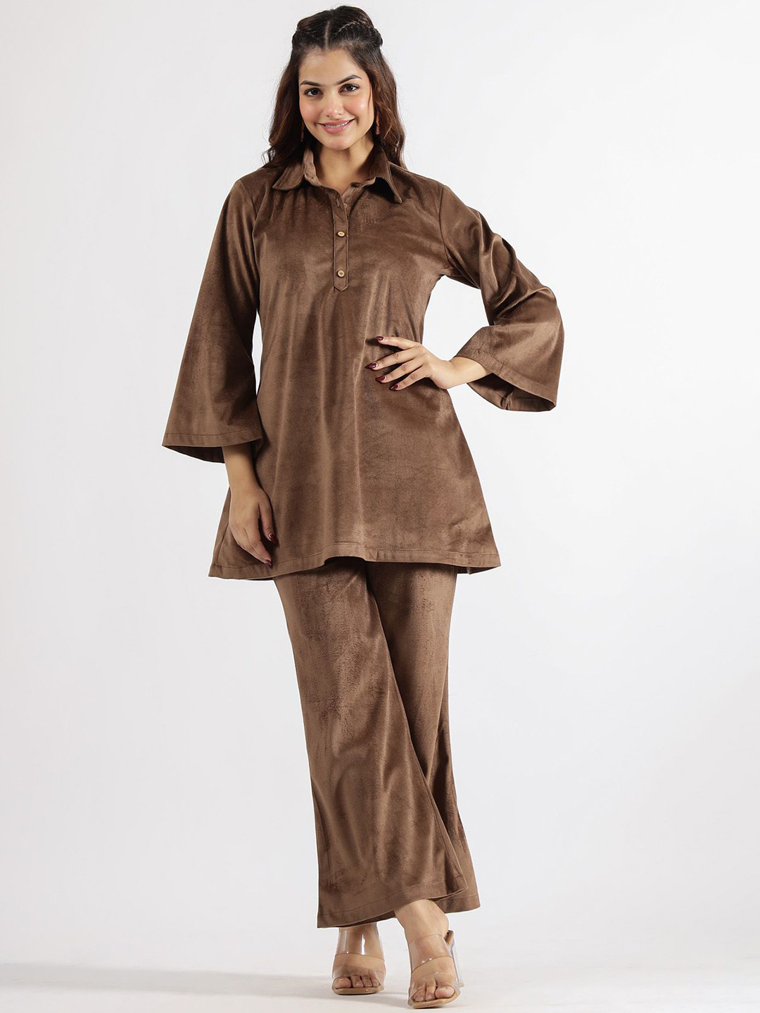 

FLAVIA CREATION Shirt Collar Neck Top With Trousers Co-ords, Brown